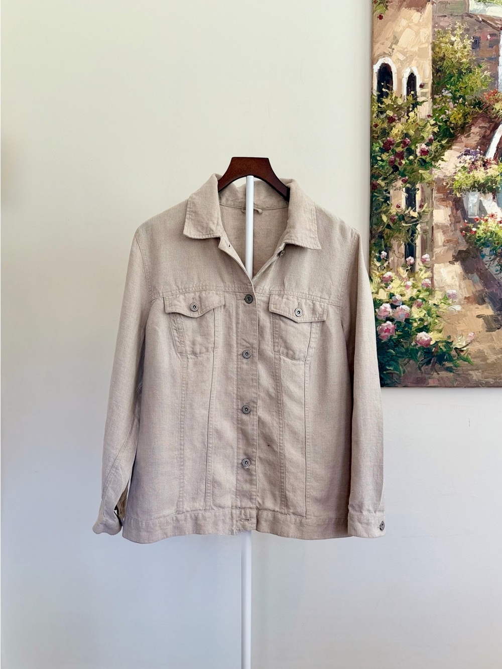 Vintage Eddie Bauer 100% Linen Khaki Jacket XL Lightweight Button Front 90s